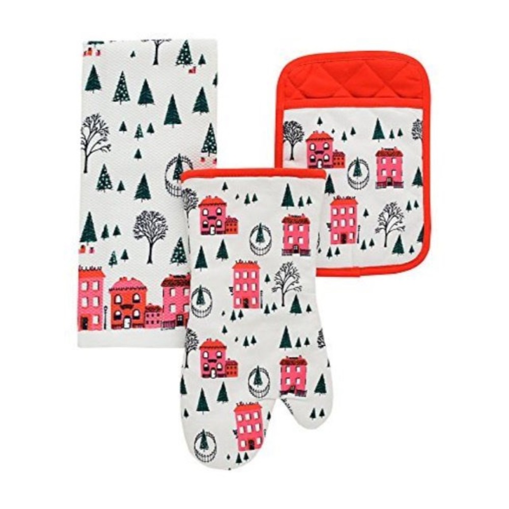 Kate Spade All in Good Taste Holiday Village 3 Piece Kitchen Set towel mitt pot